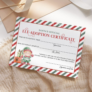 Carte Certificat d'adoption des elfes de Noël