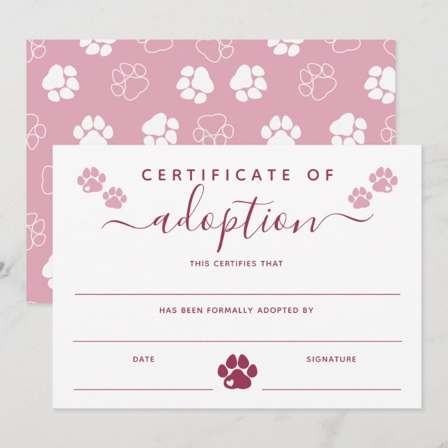 Carte Certificat d'adoption des Empreintes de pattes ros (Devant / Derrière)