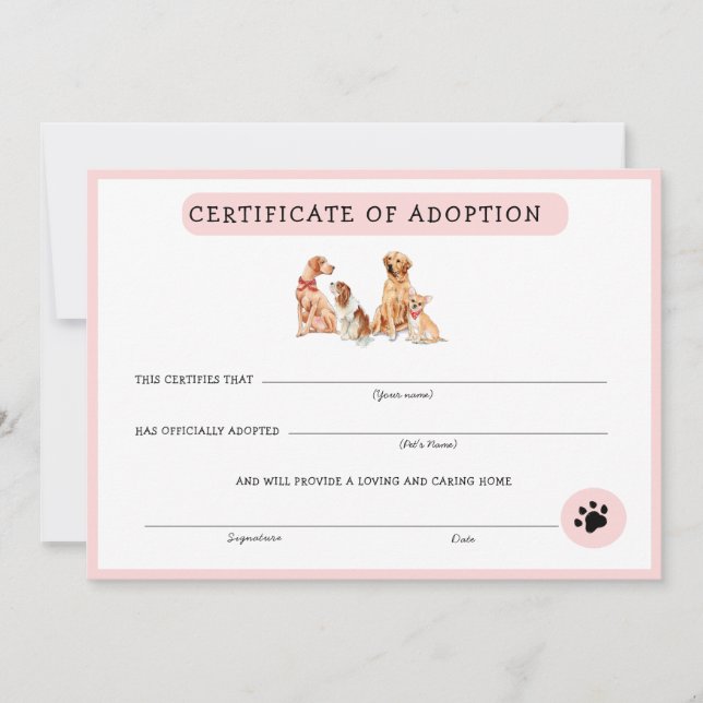 Carte Certificat d'adoption rose et blanc de chiot (Devant)