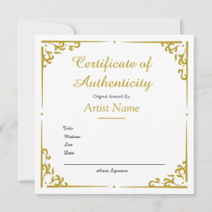 Carte Certificat d'authenticité or vintage pour l'art