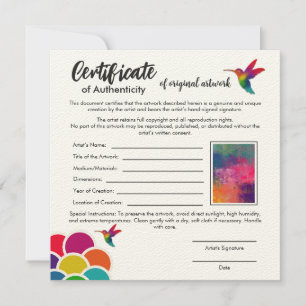 Carte Certificat d'authenticité pour l'oeuvre originale