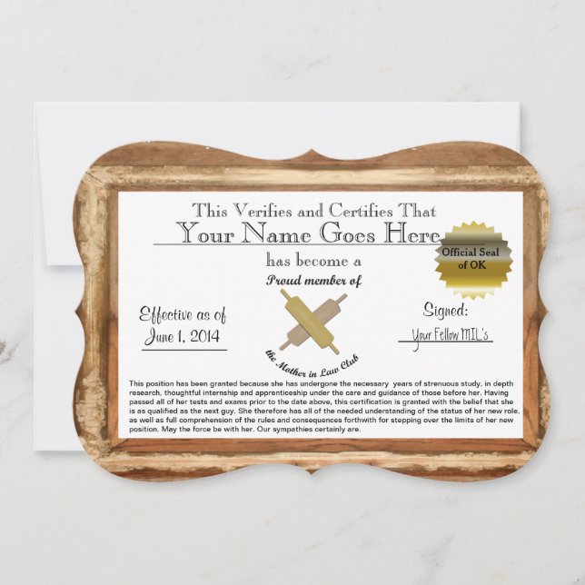 Carte Certificat de Mère en Droit - humour (Devant)
