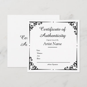 Carte Certificat Vintage d'authenticité Ornate pour l'ar