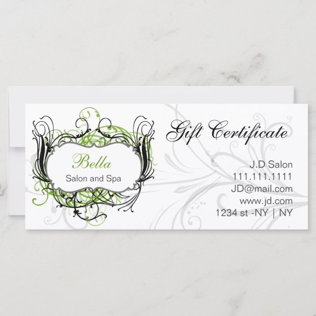 Carte Certificats-cadeaux chic vert, noir et blanc (Devant)