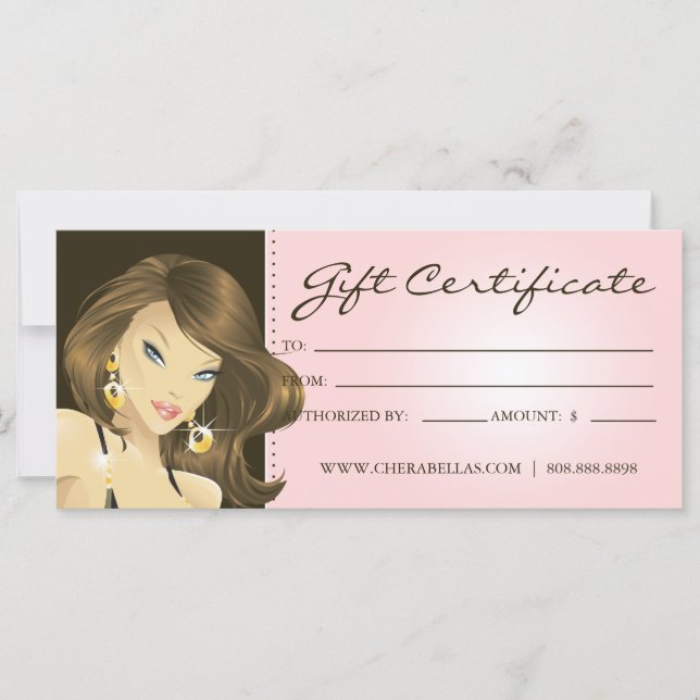 Carte Certificats Cadeaux Salon de Cheveux Jolie Femme R (Devant)