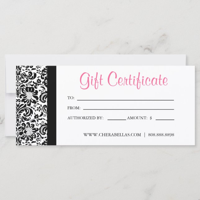 Carte Certificats Cadeaux Salon Spa rose Damas Cadre (Devant)