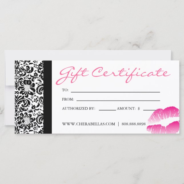 Carte Certificats Cadeaux Salon Spa rose Damas Lèvres ca (Devant)