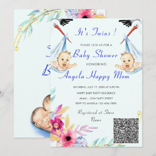 Carte C'est Twin Boys QR Code Info Baby shower Invitatio
