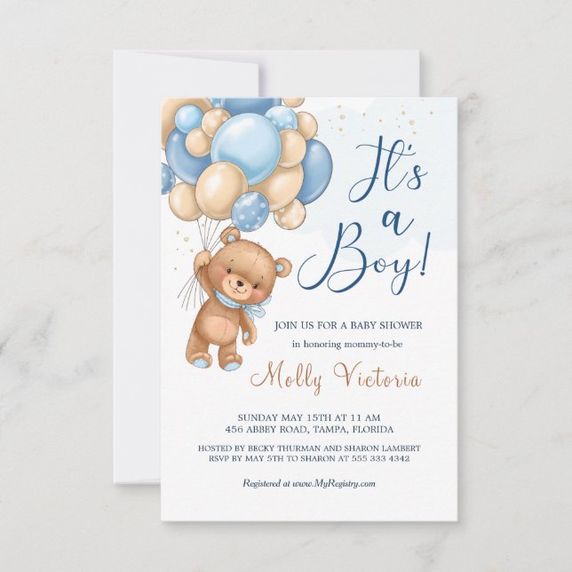 Carte C'est un Baby shower de Ballons d'Ours Garçon (Devant)