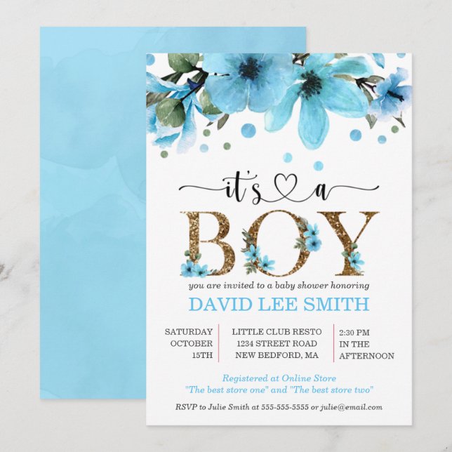 Carte C'est un garçon Aquarelle bleu clair et or (Devant / Derrière)