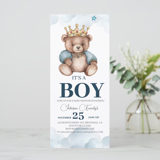 Carte C'est une fête prénatale pour le bébé ours garçon (Debout devant)