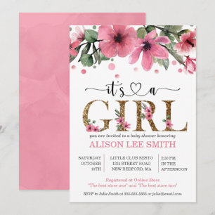 Carte C'est une fille baby shower d'aquarelle rose et or
