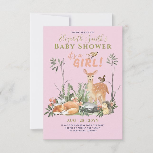 Carte C'est une FILLE ! Cute Woodland Baby Animals Douch (Devant)