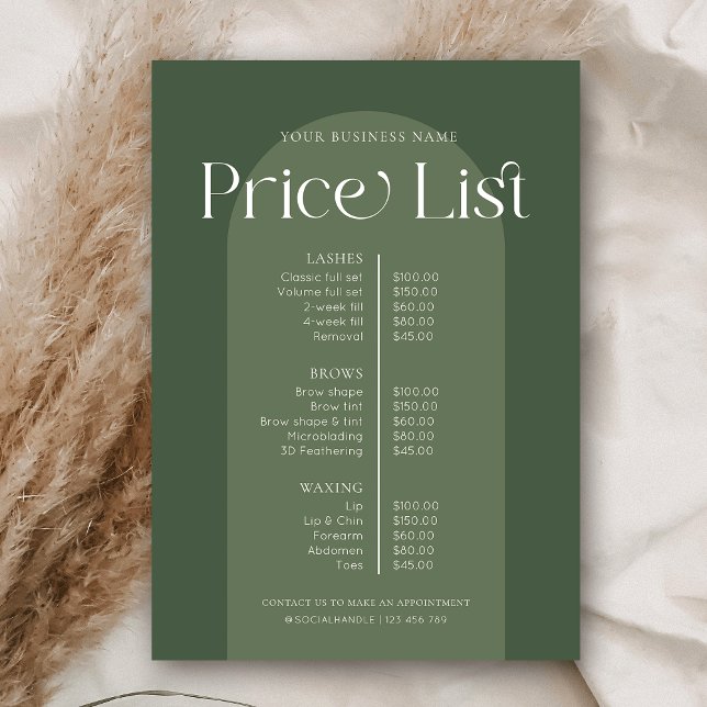 Carte Chaîne Boho moderne Green Hair Nails Salon Tarifs (Trendy Boho Price List in Sage Green with modern display fonts and elegant layout)