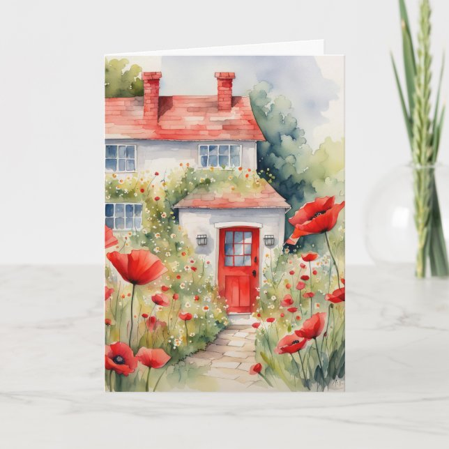 Carte Chalet D'Aquarelle Anniversaire Avec Pavots (Devant)