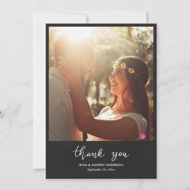 Carte Chalkboard Thank You Script Wedding Couple Photo (Devant)