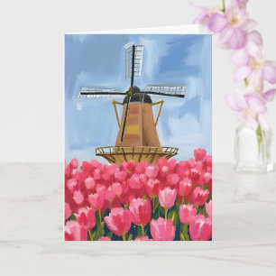 Carte Champ de tulipes moulin à vent hollandais aquarell