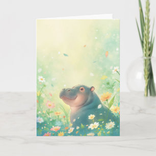 Carte Champs de fleurs et Hippopotame heureux