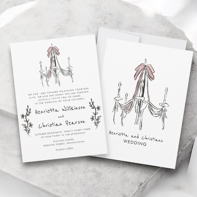 Carte Chandelier Romantic Blush Pink Bow Formal Wedding  (Créateur téléchargé)