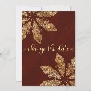 Carte Change the date card with gold peacock feathers