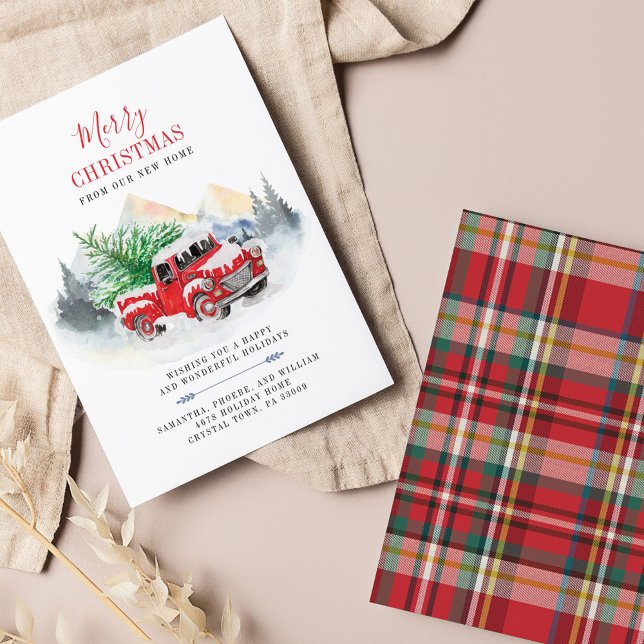 Carte Changement d'adresse Noël (Plaid Red Truck Christmas Holiday Moving Announcement)