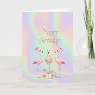 Carte  Chapeau de Santa Flamants Roses Anniversaire Holo