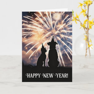 Carte Chapeaux de fête du Nouvel An Chat Chien Feux d'ar