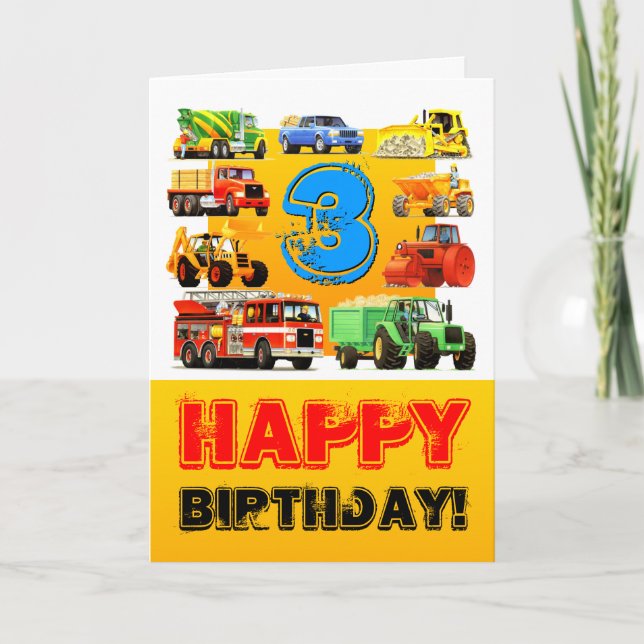 Carte Chariots de construction Joyeux garçon 3e annivers (Devant)