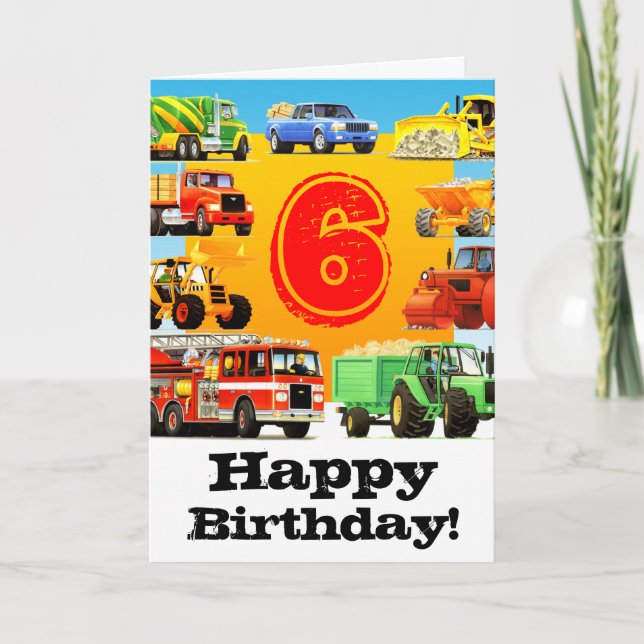 Carte Chariots de construction personnalisés 6e annivers (Devant)