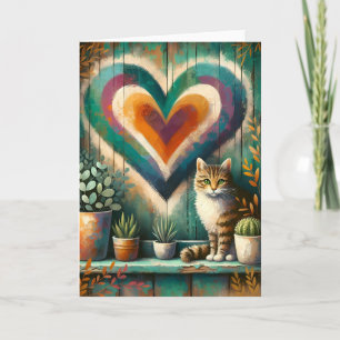 Carte Charmant Chat Rustique Teinte de Teal, Ambre et Cr