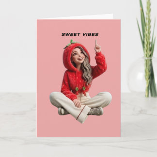 Carte Charmant personnage à capuche fraise mignon rose 