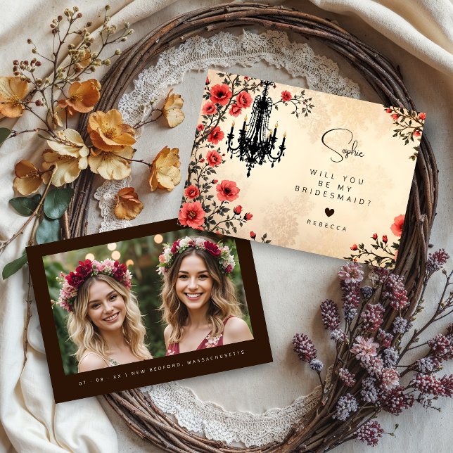 Carte Charming Chandelier Classic Red Floral Bridesmaid (Bridesmaid or Maid/Matron of Honor Proposal Cards with Back Photo. )