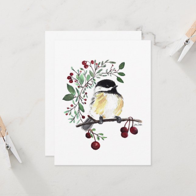 Carte Charming Chickadee Watercolor (Devant/Arrière en situation)