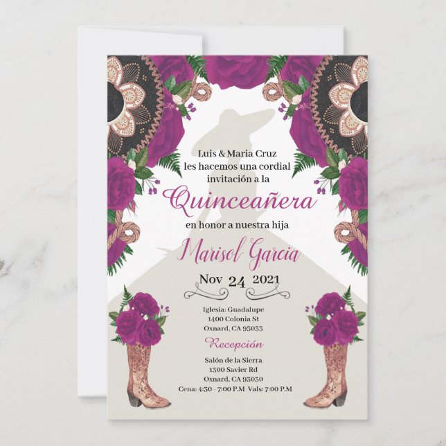 Carte Charra Quinceanera Invitation, Purple Mariachi (Devant)