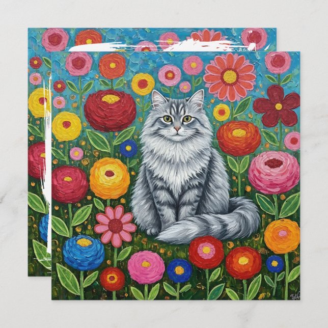 Carte Chat à rayures grises fluides avec fleurs d'art fo (Devant / Derrière)