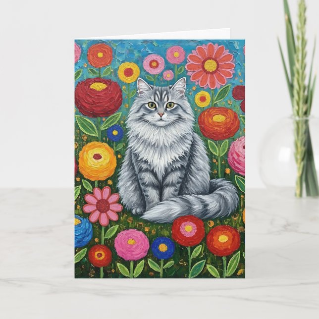 Carte Chat à rayures grises fluides avec fleurs d'art fo (Devant)