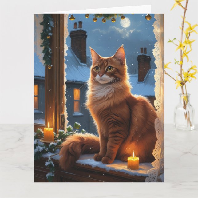 Carte Chat Abyssin Avec Lumières De Noël (Fleur jaune)