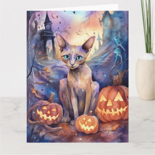 Carte Chat abyssin d'Halloween avec citrouille effrayant