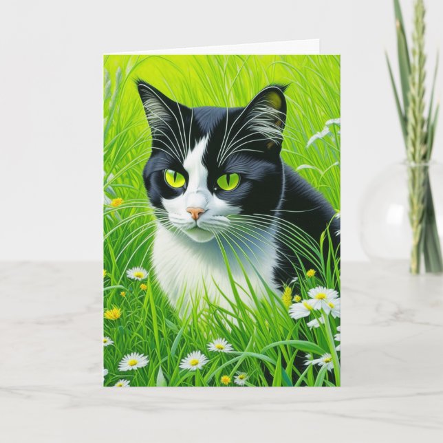 Carte Chat adorable personnalisé dans un champ de margue (Devant)