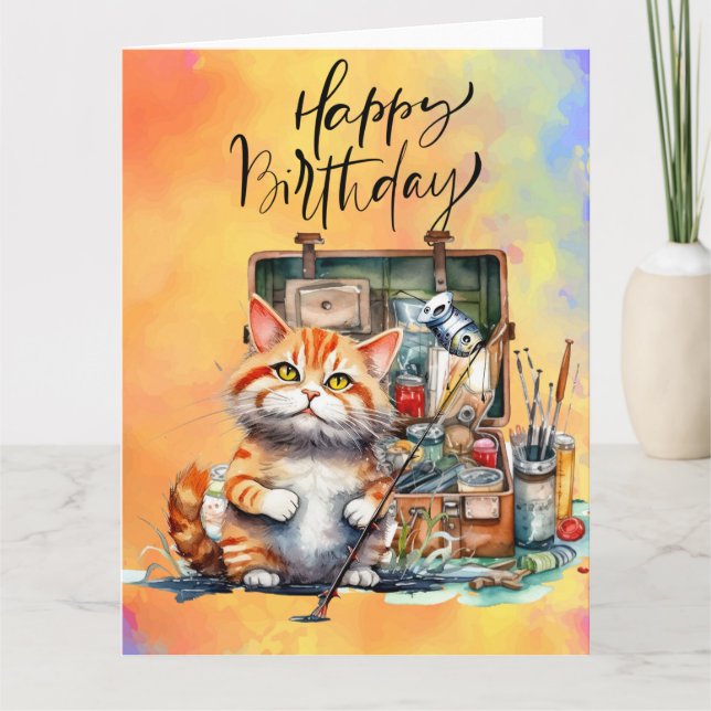 Carte Chat Amateurs de pêche anniversaire aquarelle (Devant)