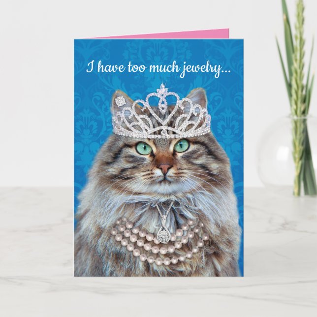 Carte Chat amusant portant trop de bijoux (Devant)