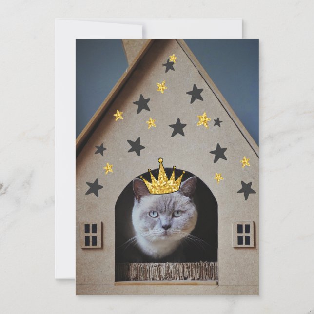Carte Chat amusant portant une couronne de Parties scint (Devant)