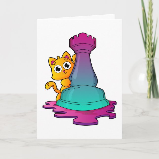 Carte Chat aux échecs avec la pièce de tour d'échecs (Devant)