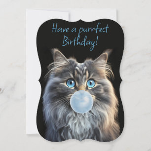 Carte Chat aux yeux bleus soufflant un chewing-gum bleu