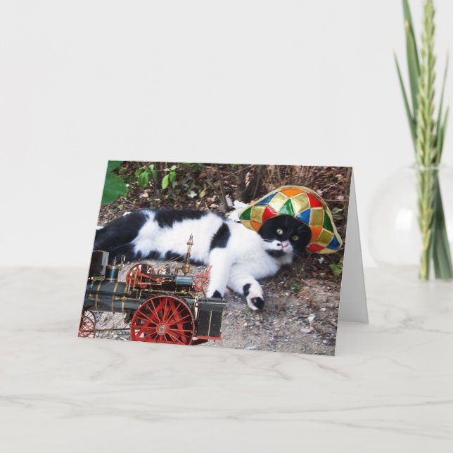 CARTE CHAT AVEC CASQUETTE HARLEQUIN AVEC LOCOMOTIVE À VA (Devant)