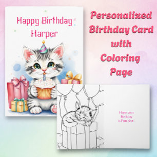 Carte Chat avec Cupcake Coloriage Page Anniversaire