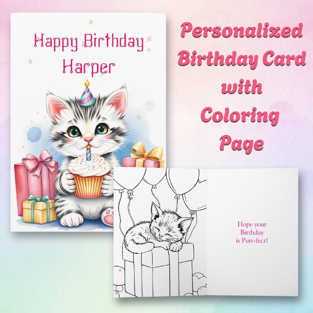 Carte Chat avec Cupcake Coloriage Page Anniversaire (Créateur téléchargé)