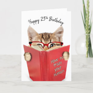 Carte Chat avec lunettes et livre rouge 25e anniversaire