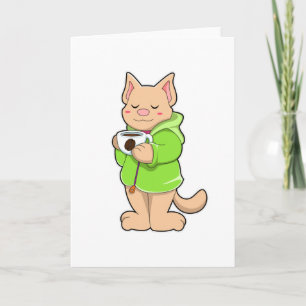 Carte Chat avec tasse de café et pyjama