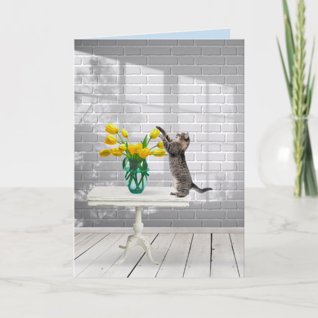 Carte Chat avec tulipes jaunes Nom Jour (Devant)